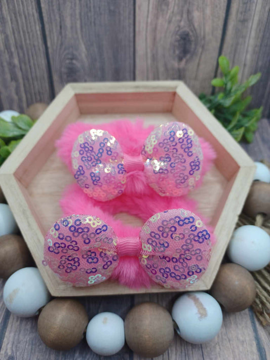 Hot Pink Fuzzy Glitter Bow Scrunchie Set