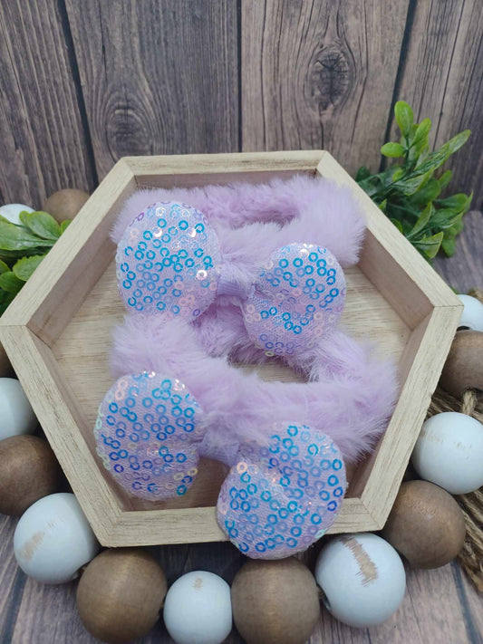 Purple Fuzzy Glitter Bow Scrunchie Set