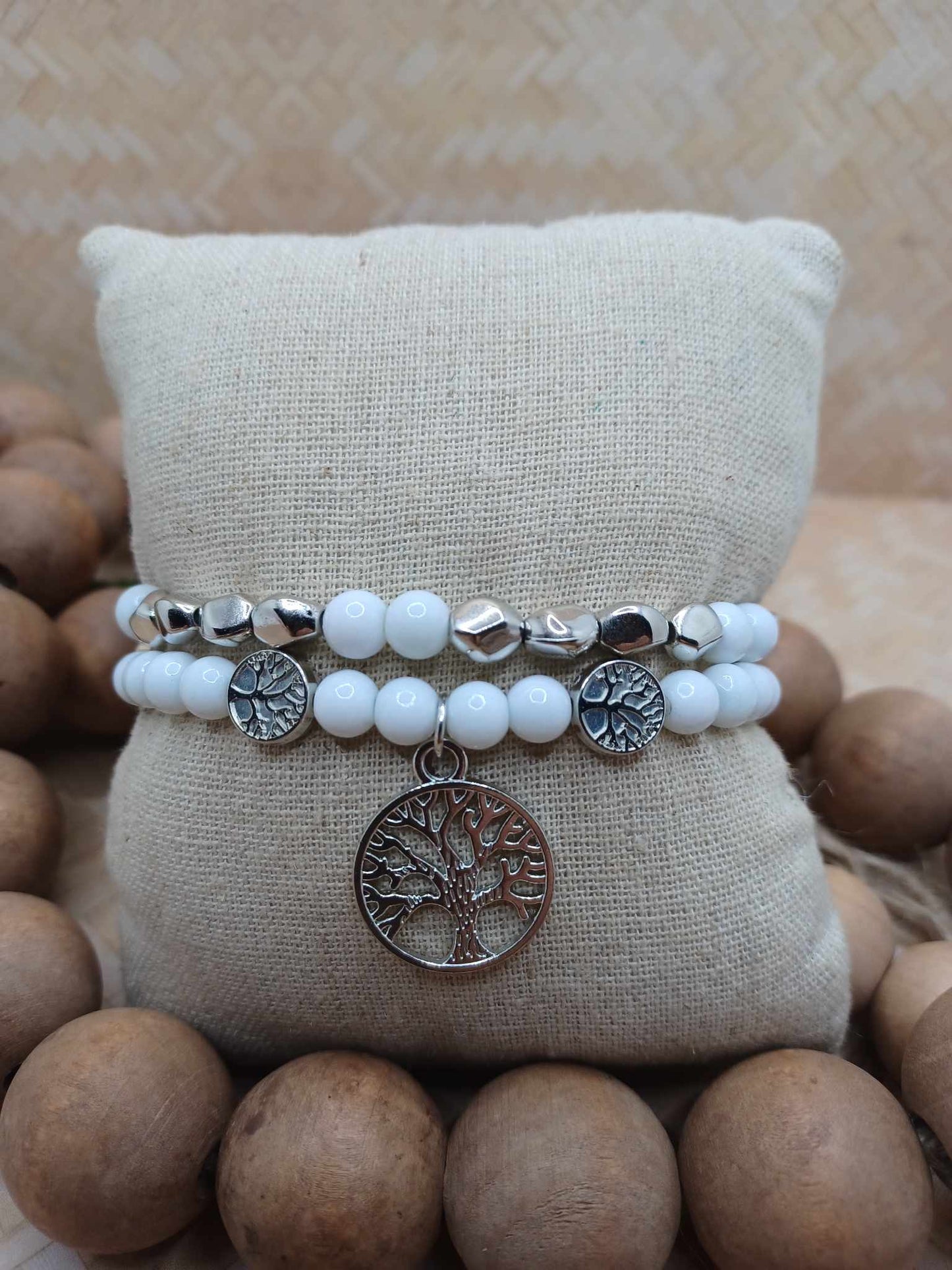 White & Silver Tree of Life Bracelet Set
