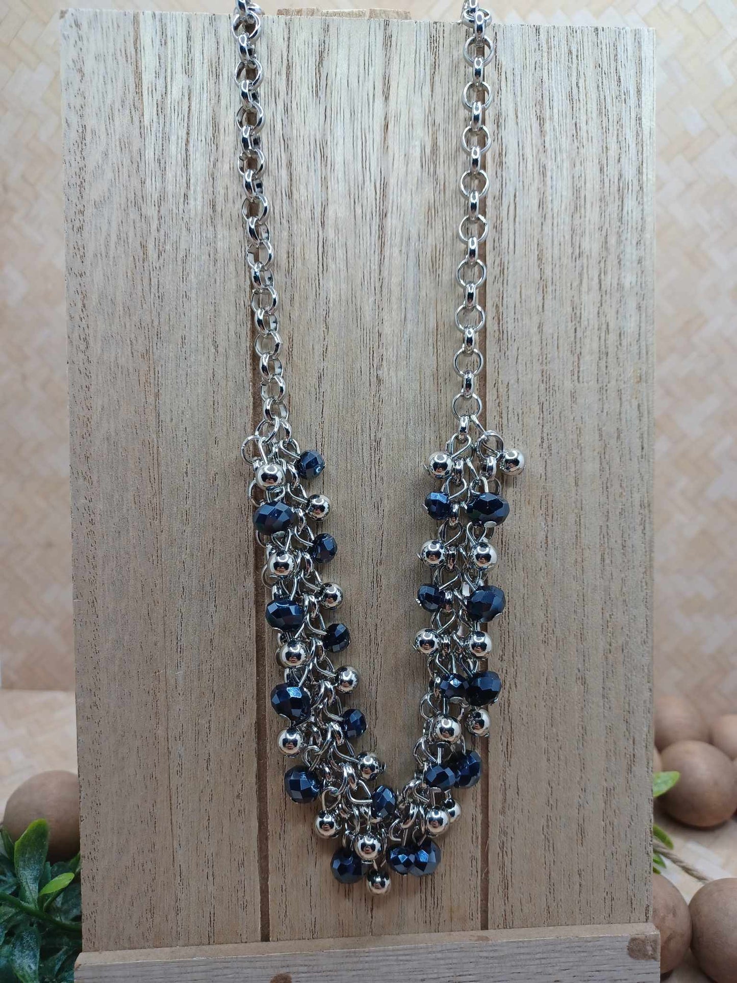Silver & Blue Iridescent Beaded Necklace