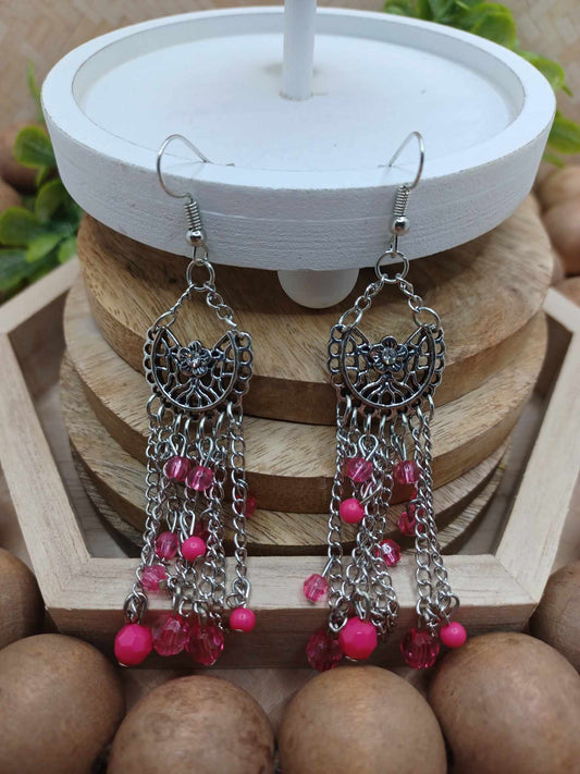 Pink Beaded Dreamcatcher Style Earrings