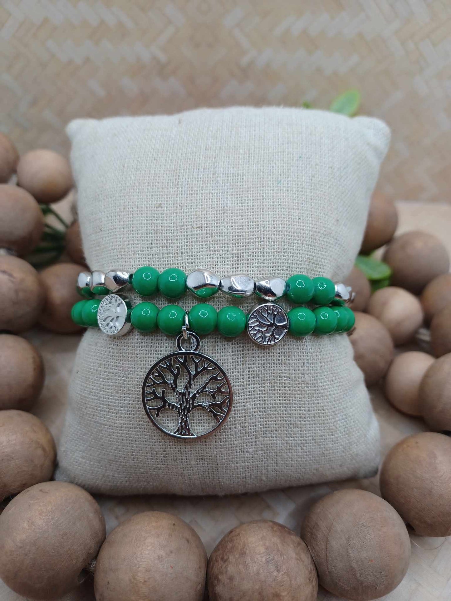 Green & Silver Tree of Life Bracelet Set