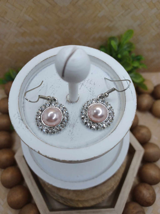 Light Pink Pearl Style Earrings w/ Rhinestones
