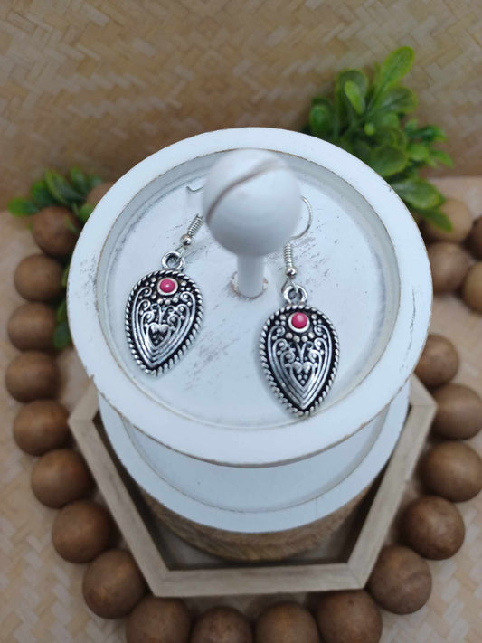 Silver Aztec Style Earrings w/ Pink Accents