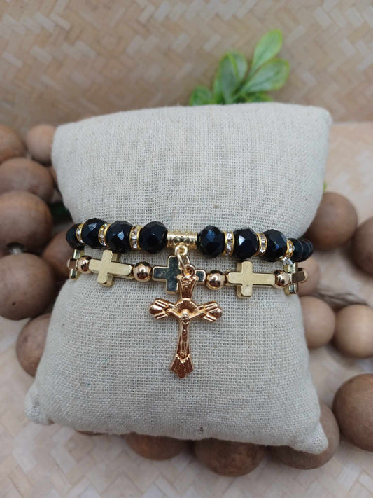 Black & Gold Cross Bracelet Set