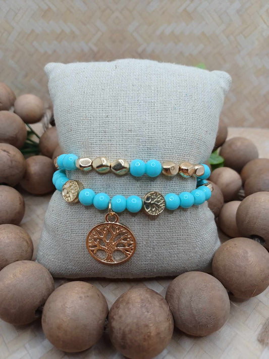 Teal/Turquoise & Gold Tree of Life Bracelet Set