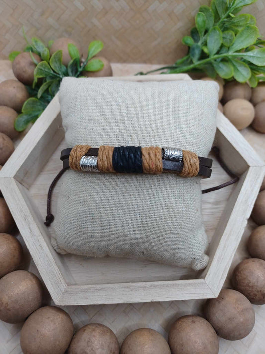 Brown Leather Style Bracelet w/ Brown & Silver Beading