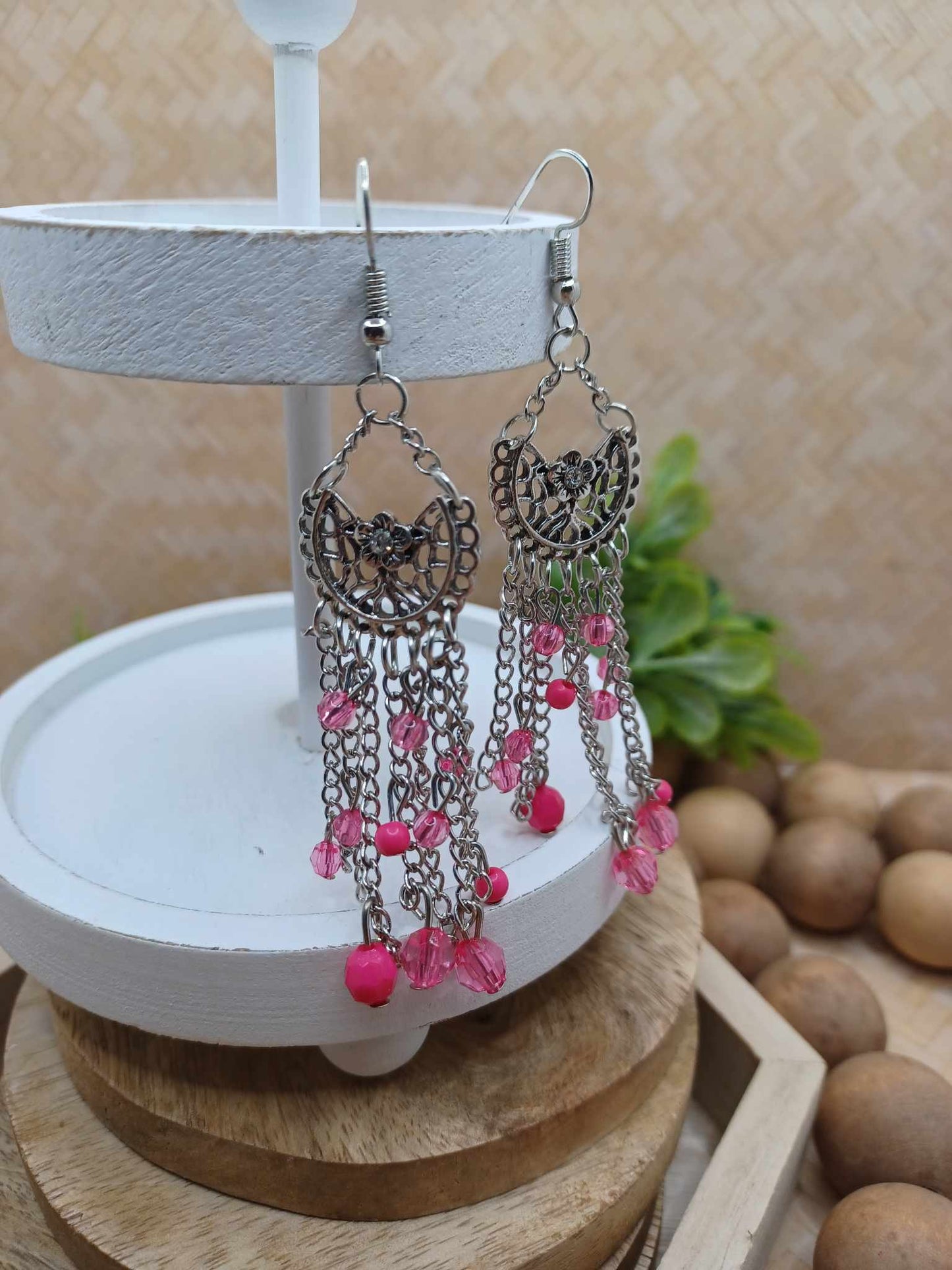 Pink Beaded Dreamcatcher Style Earrings
