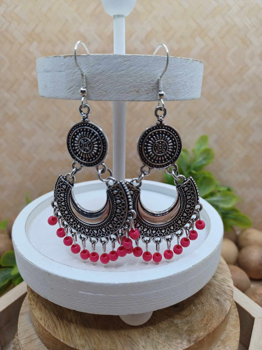 Silver Textured Earrings w/ Hot Pink Dangle Beading