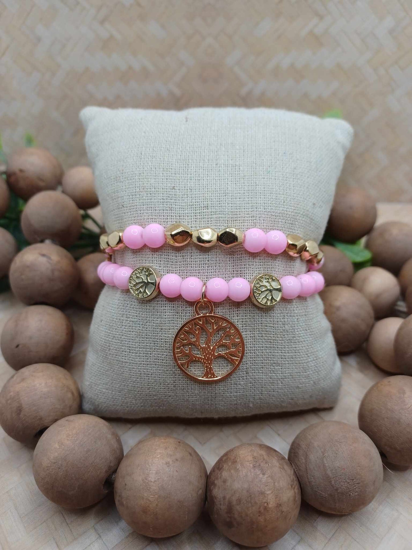 Pink & Gold Tree of Life Bracelet Set