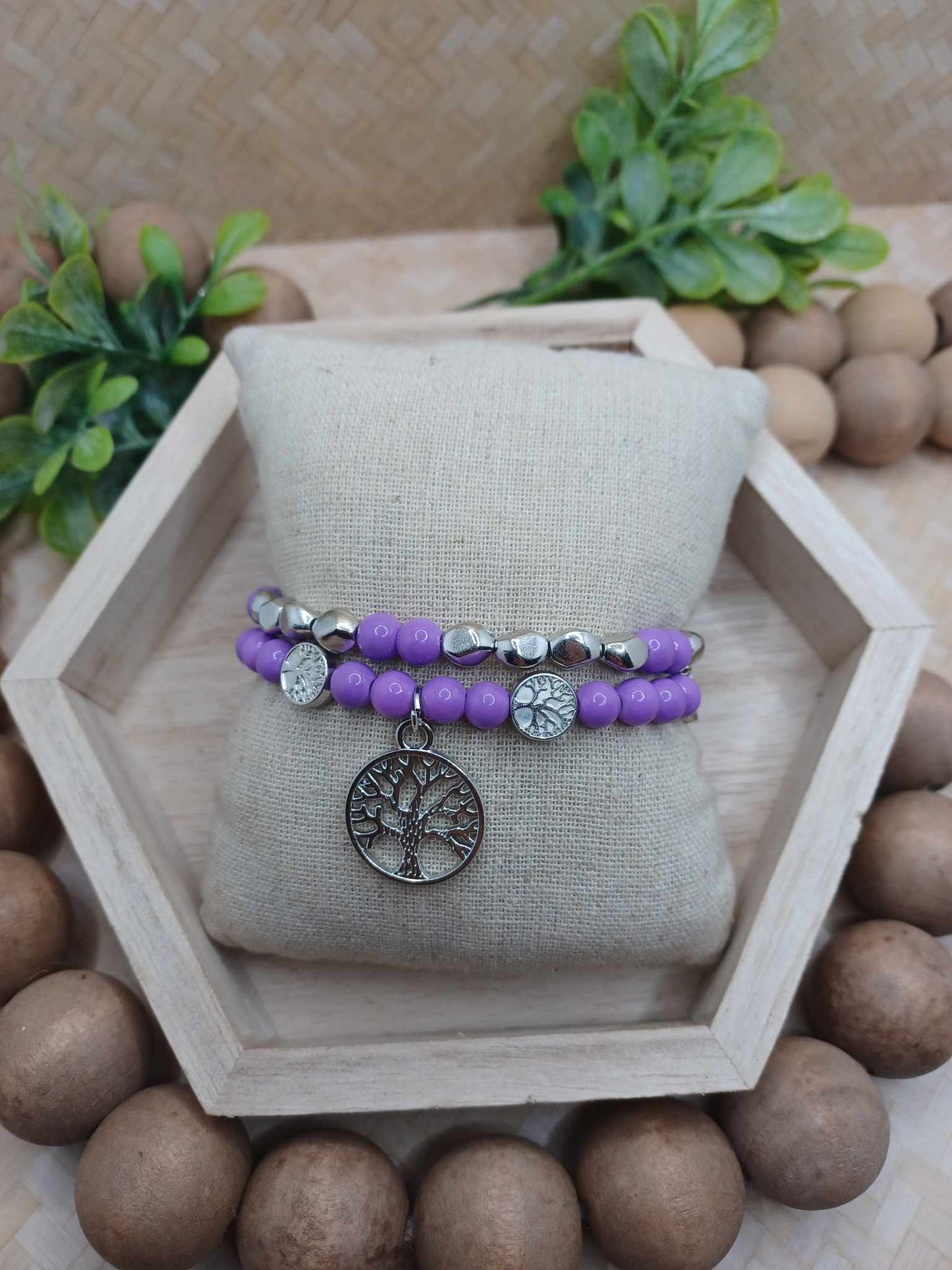 Purple & Silver Tree of Life Bracelet Set