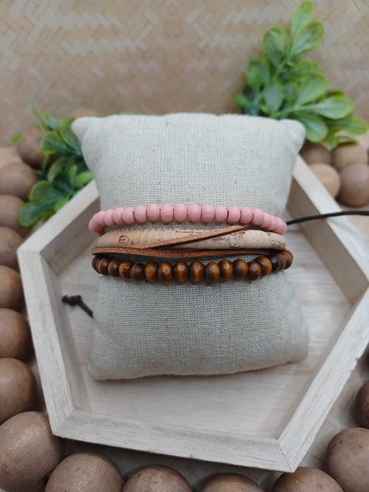 Wooden Beaded, Cork, & Twin Stacked Bracelet