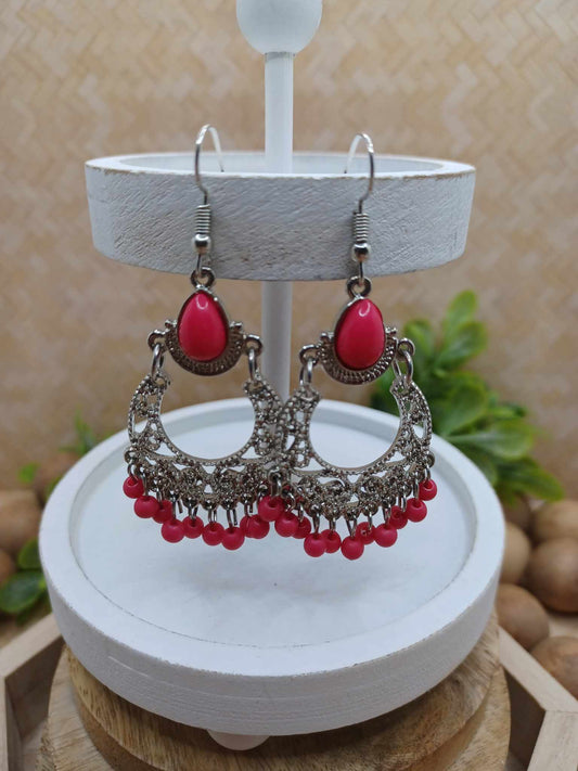 Silver Filigree Style Earrings w/ Pink Accents & Beading