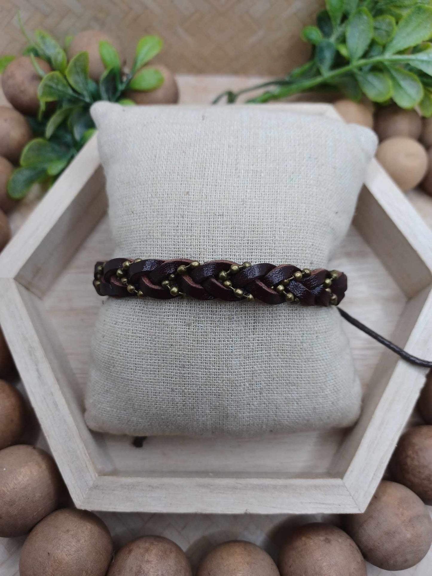 Brown Leather Style Bracelet w/ Brass Beading