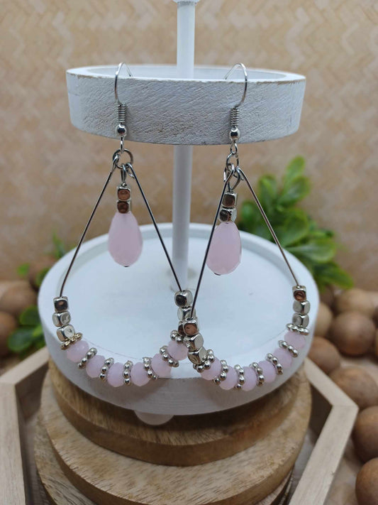 Silver Teardrop Style Earrings w/ Pale Pink & Silver Beading
