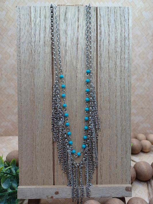 Silver Double Layered Necklace w/ Turquoise Beading & Silver Tassel Layers