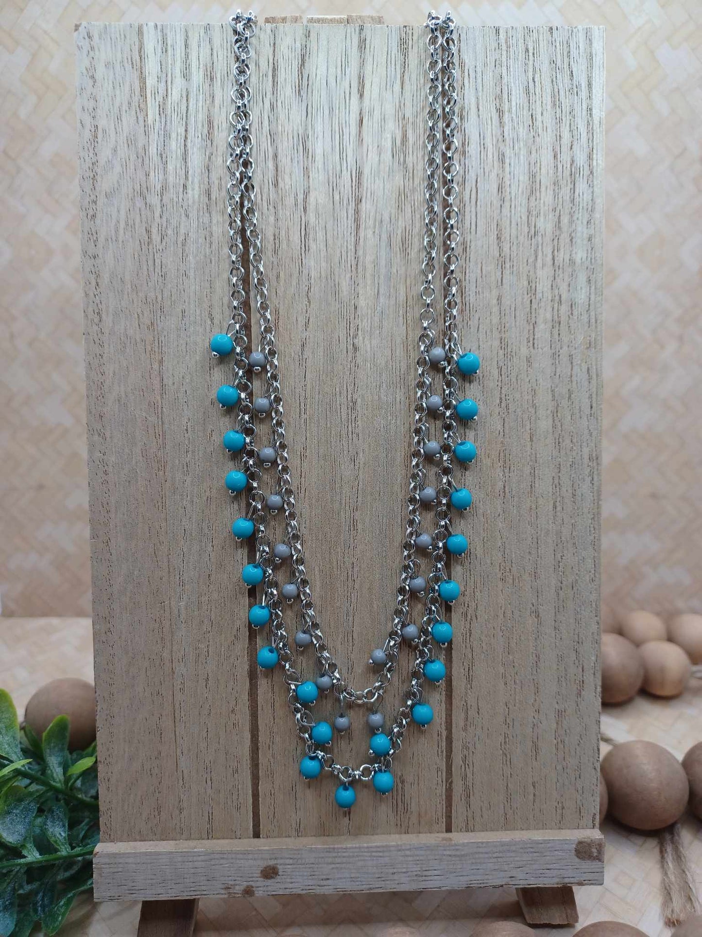 Double Layered Silver Necklace w/ Turquoise & Grey Beaded Layers