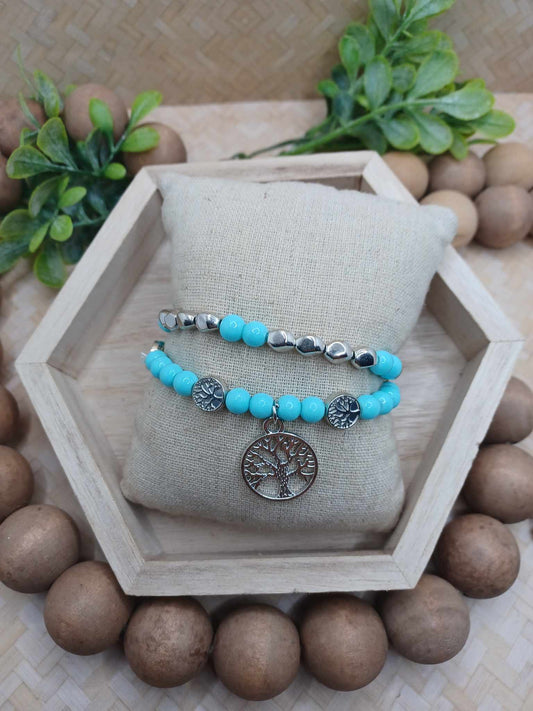 Teal/Turquoise & Silver Tree of Life Bracelet Set