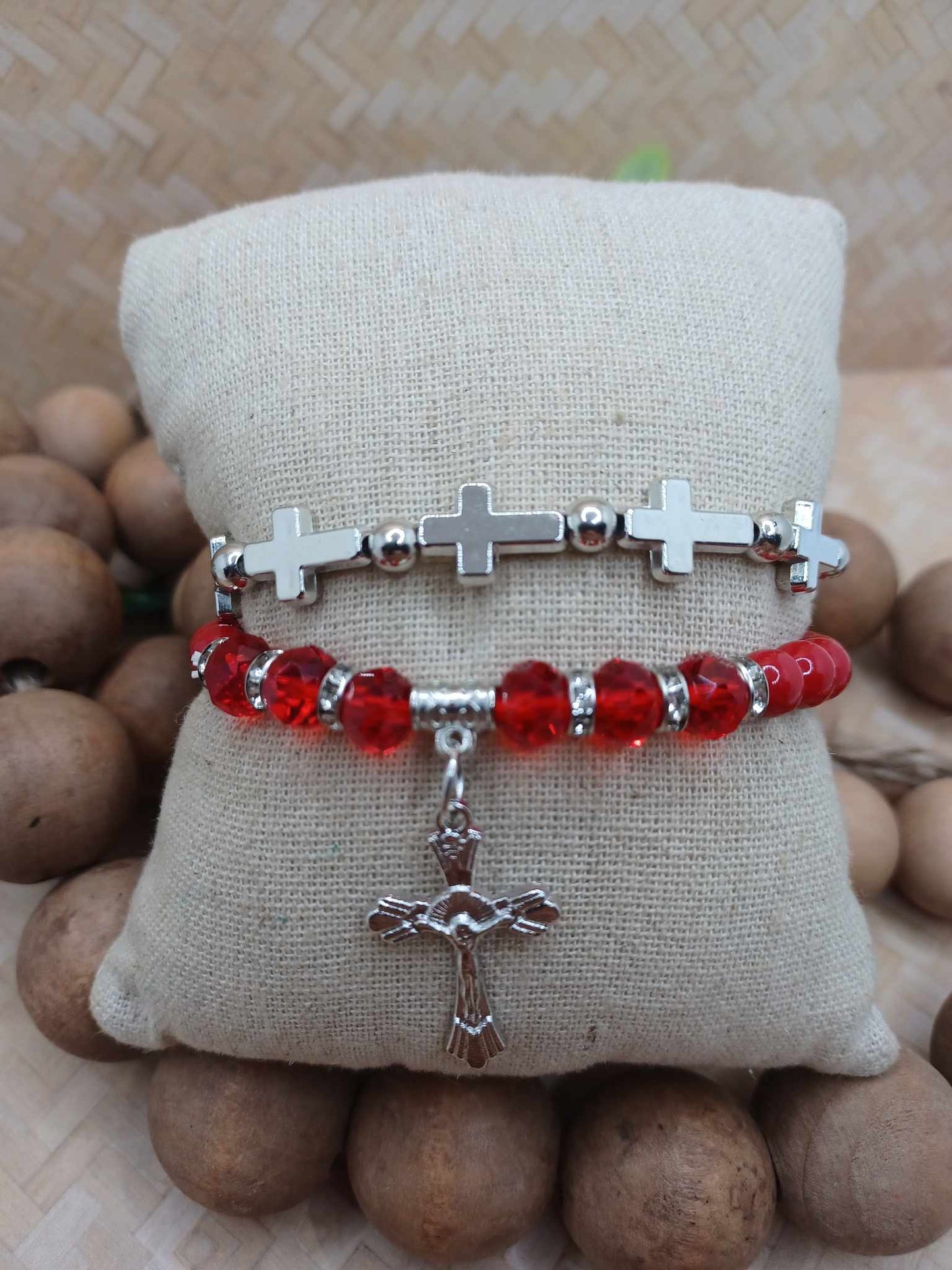 Red & Silver Cross Bracelet Set