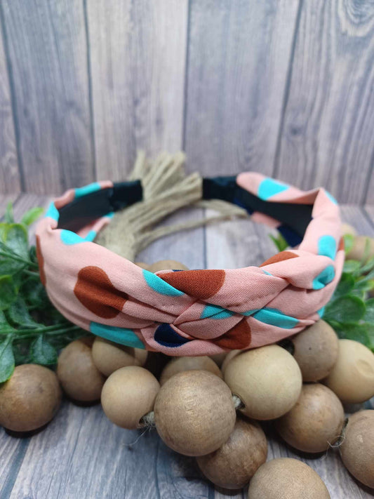 Peachy Coral Braided Headband w/ Multicolored Polka Dots