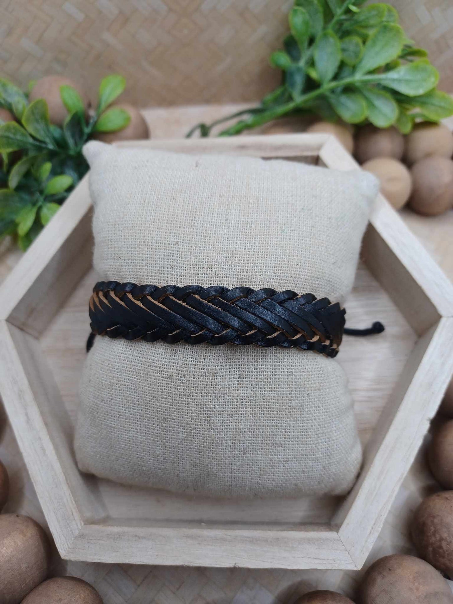 Black Leather Fishtail Braided Style Bracelet