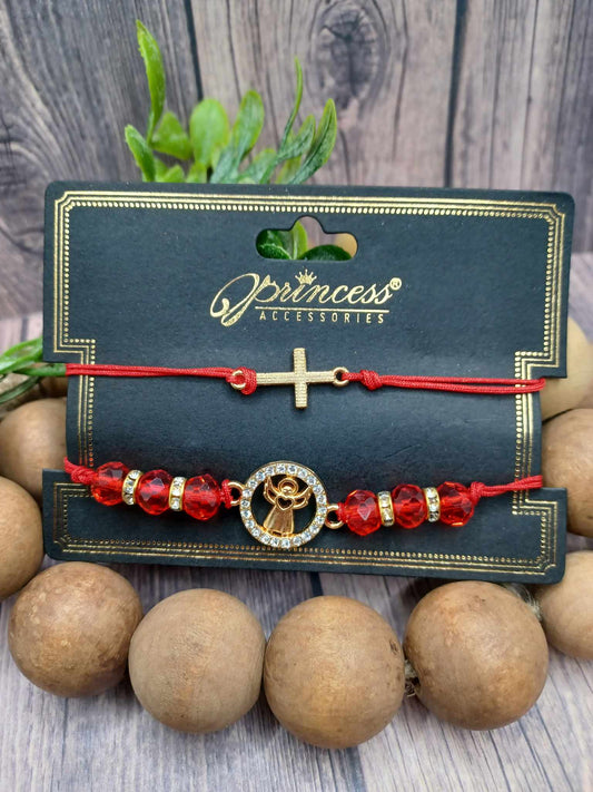 Gold & Black Cross & Angel Bracelet Set