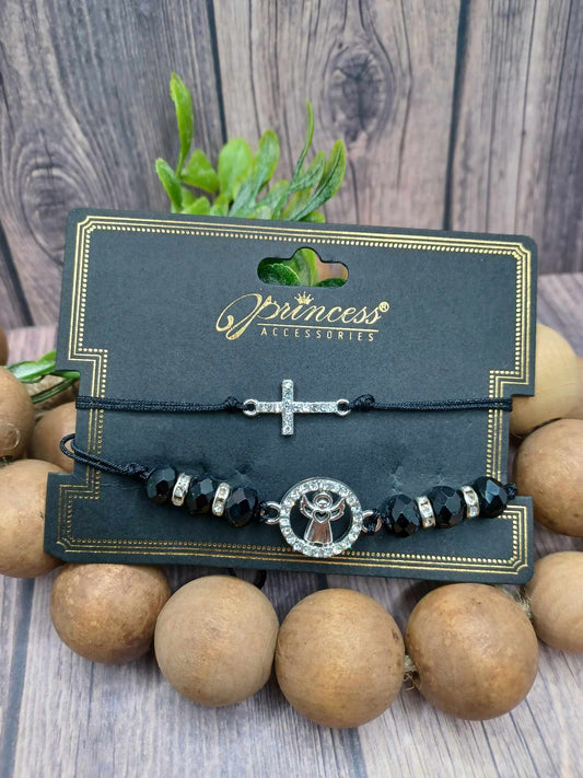 Silver & Black Cross & Angel Bracelet Set