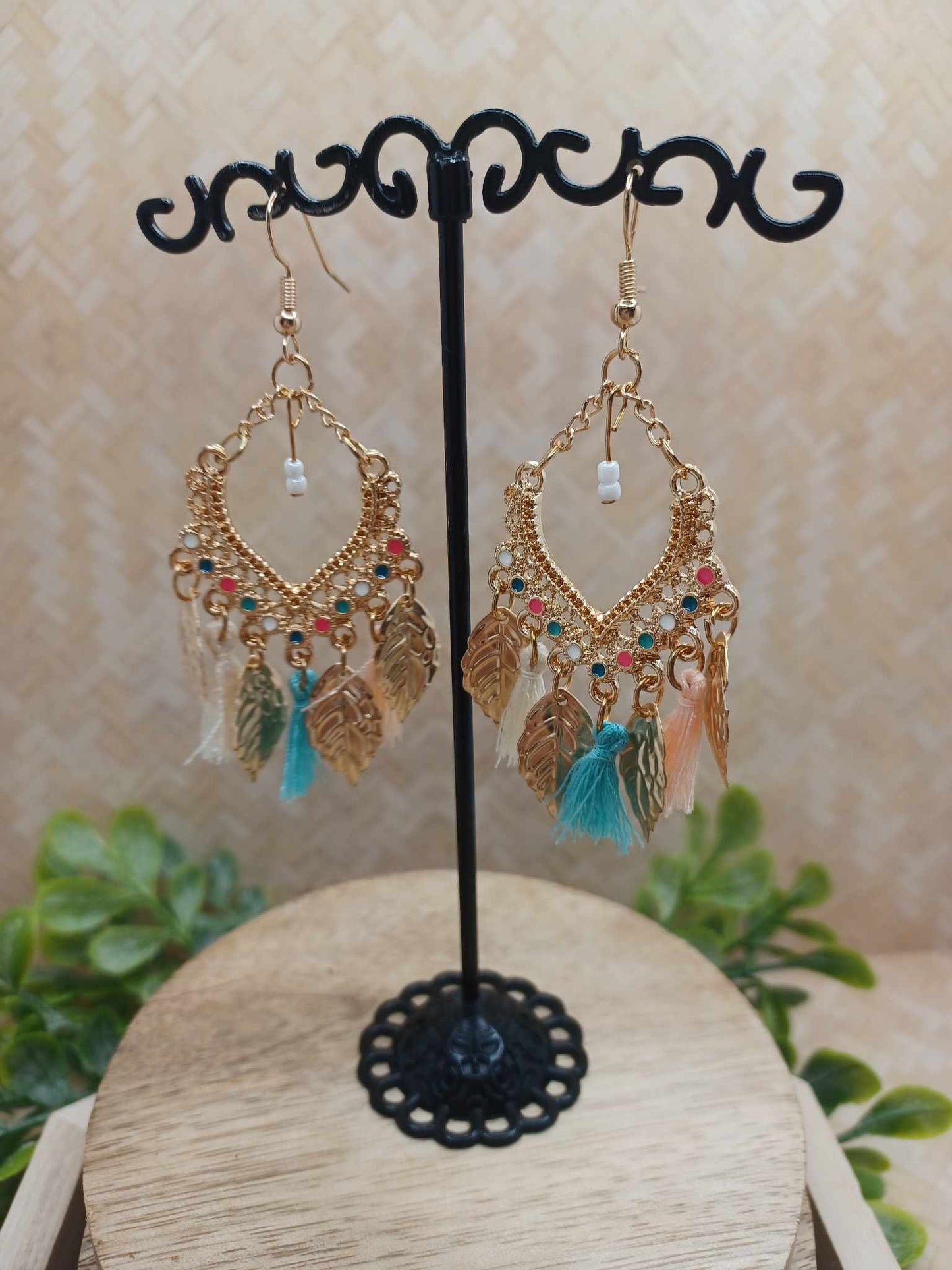 Gold Earrings w/ Cream & Turquoise Tassel Earrings