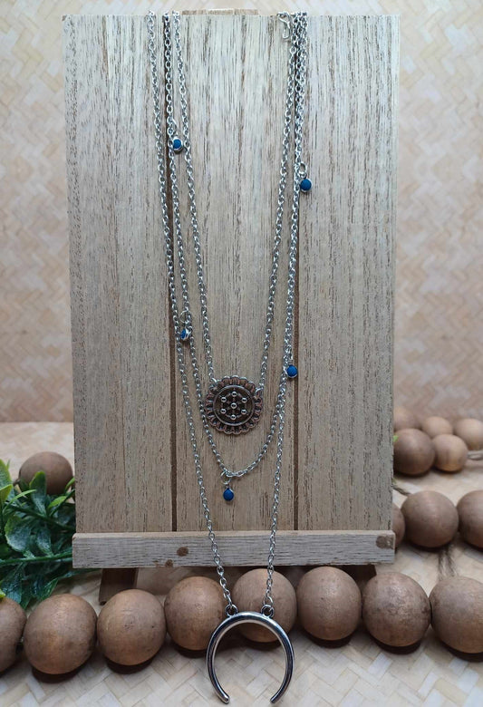 Triple Layered Silver Necklace w/ Blue Beading, Flower, & Moon Design