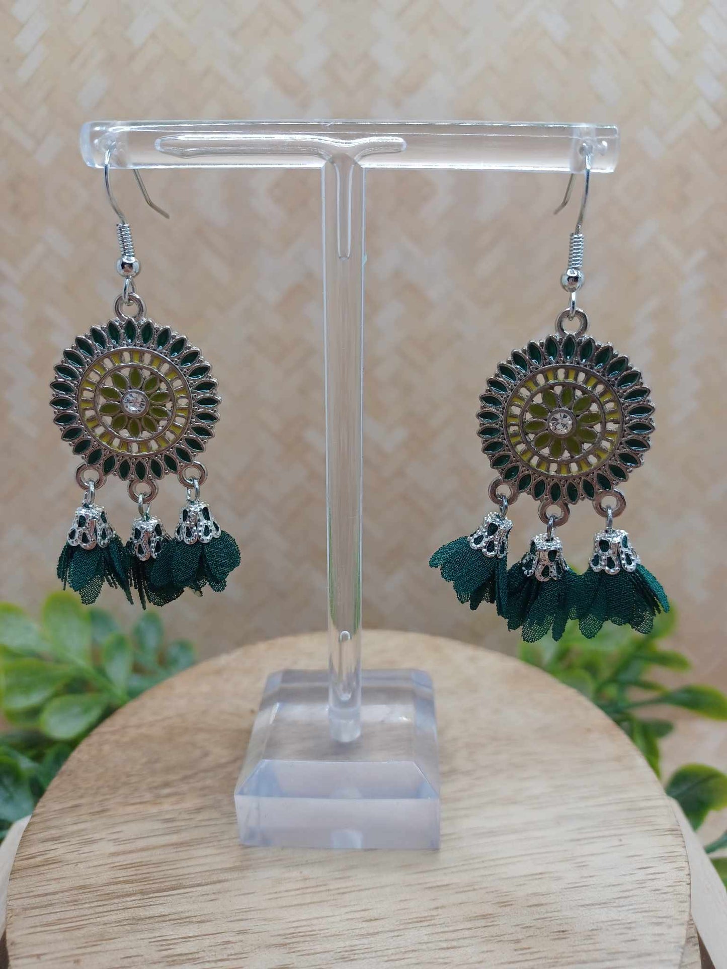 Green Flower Tassel Earrings