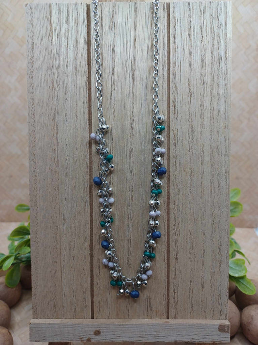 Silver, Blue, & Teal Beaded Necklace