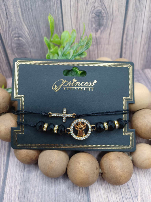 Gold & Black Cross & Angel Bracelet Set