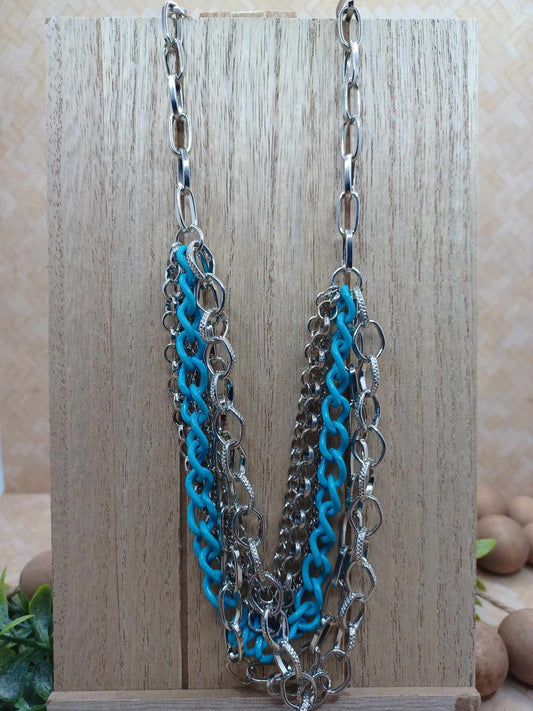 Silver & Light Blue Layered Chain Style Necklace