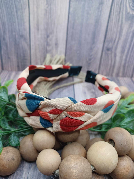 Light Coral Braided Headband w/ Multicolored Polka Dots