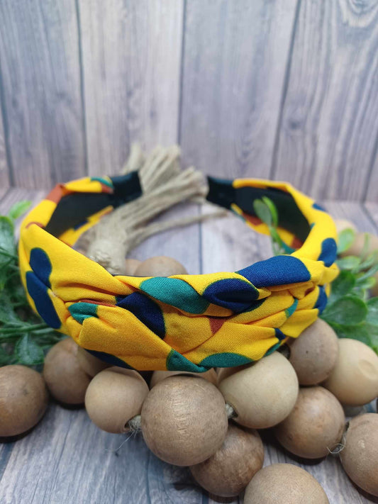 Mustard Braided Headband w/ Multicolored Polka Dots