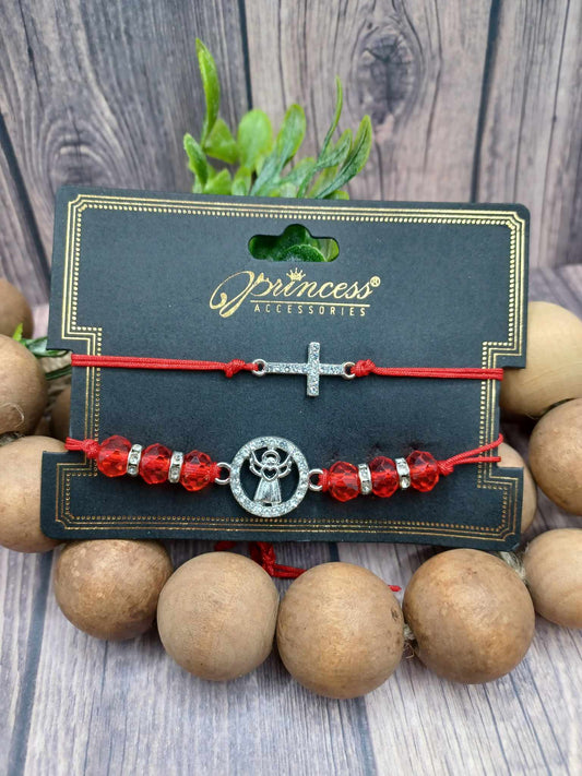 Silver & Red Cross & Angel Bracelet Set