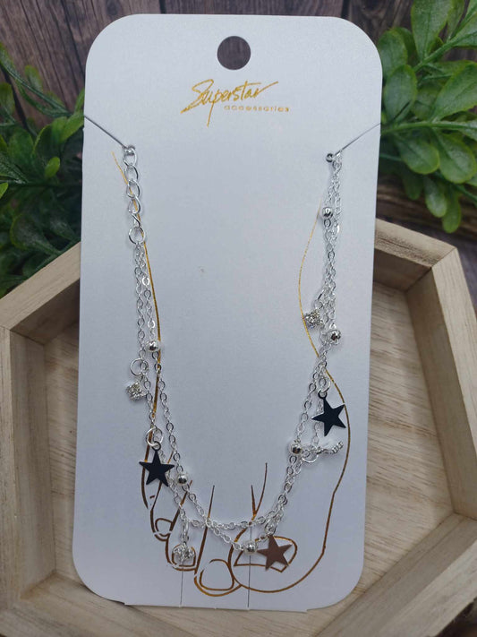 Silver Double Layered Star & Rhinestone Anklet