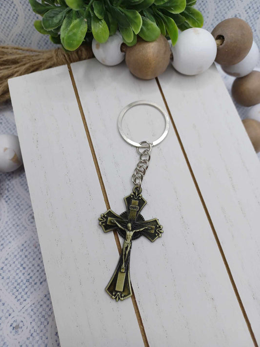 Brass Jesus on a Cross Keychain