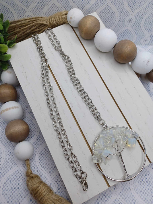 Silver Necklace w/ Iridescent Beaded Tree of Life Pendant