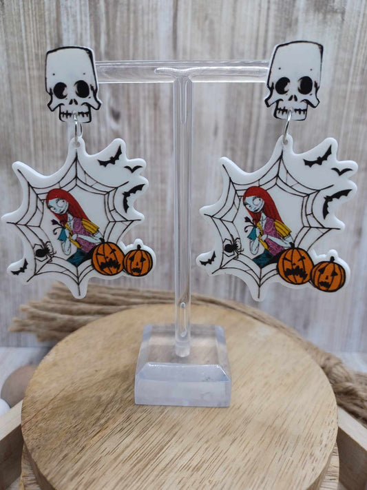 Skull Acrylic Earrings w/ Halloween Doll & Pumpkins