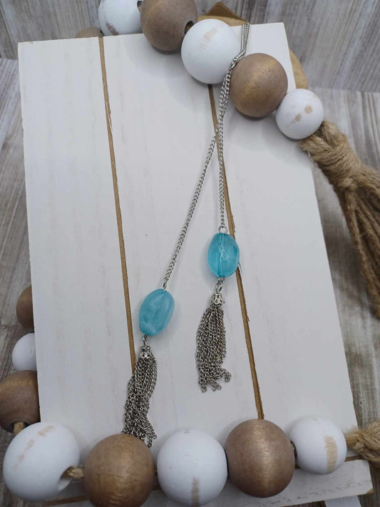 Silver Necklace w/ Blue Marbled Pendants & Silver Tassels