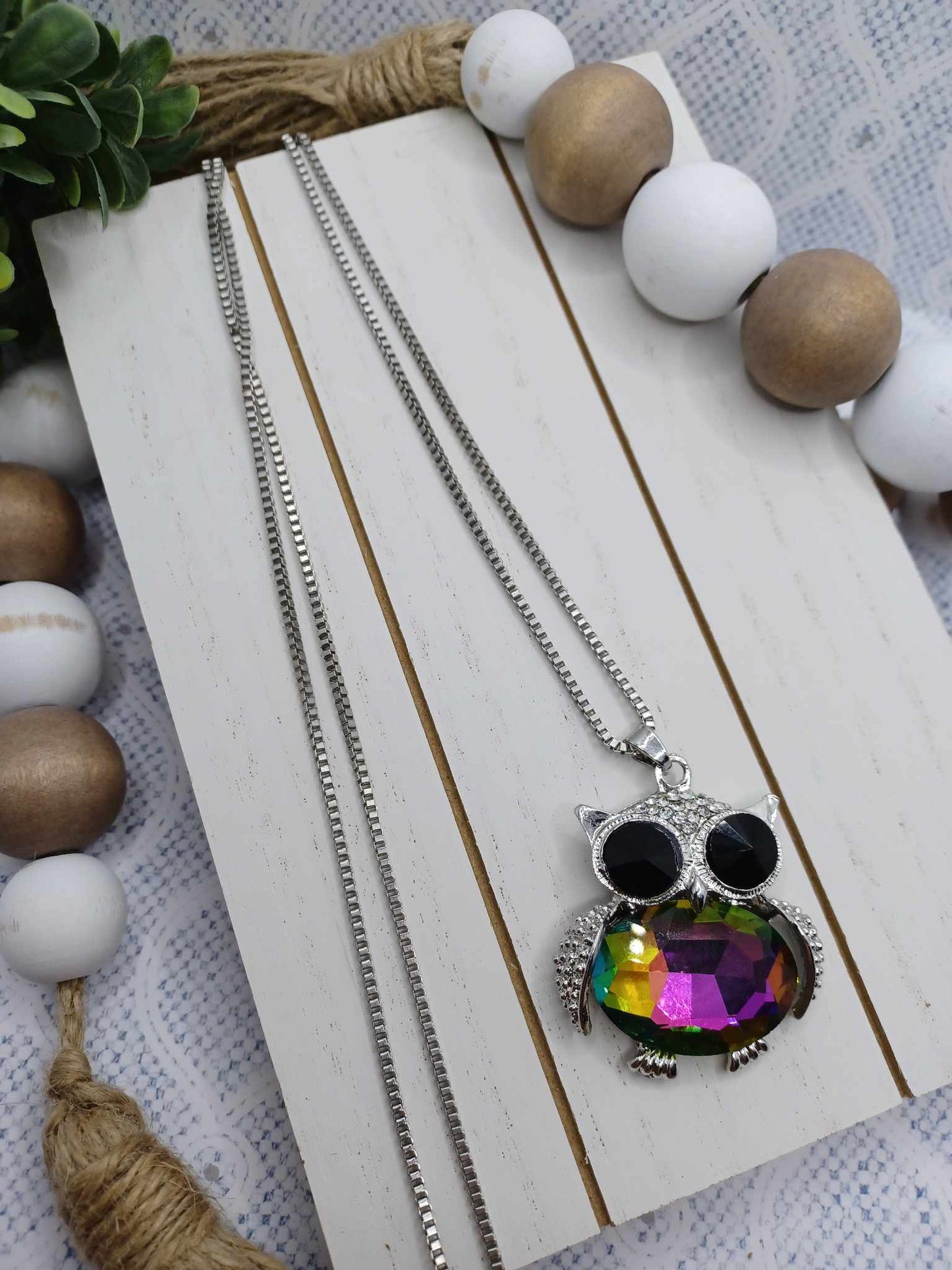 Silver Necklace w/ Oil Spill Owl Pendant