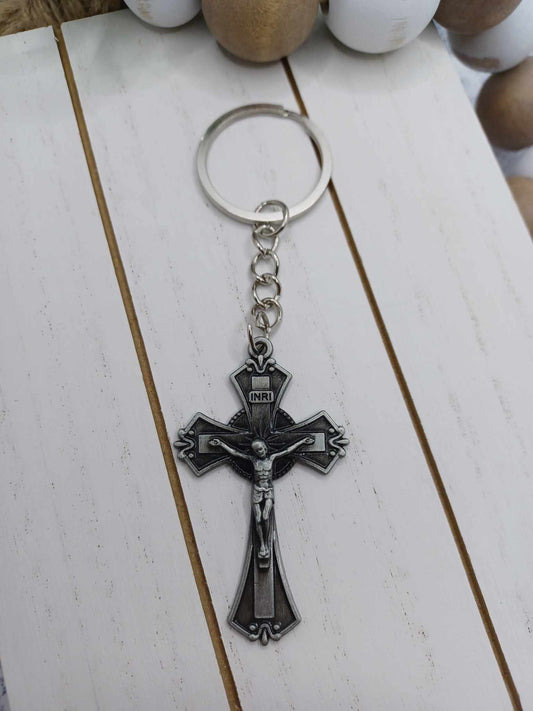 Silver Jesus on a Cross Keychain