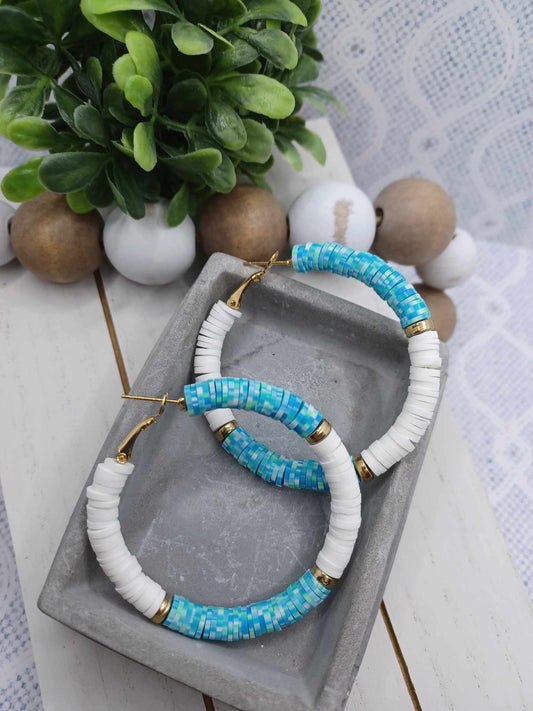 White & Blue Clay Disc Style Earrings on a Gold Setting