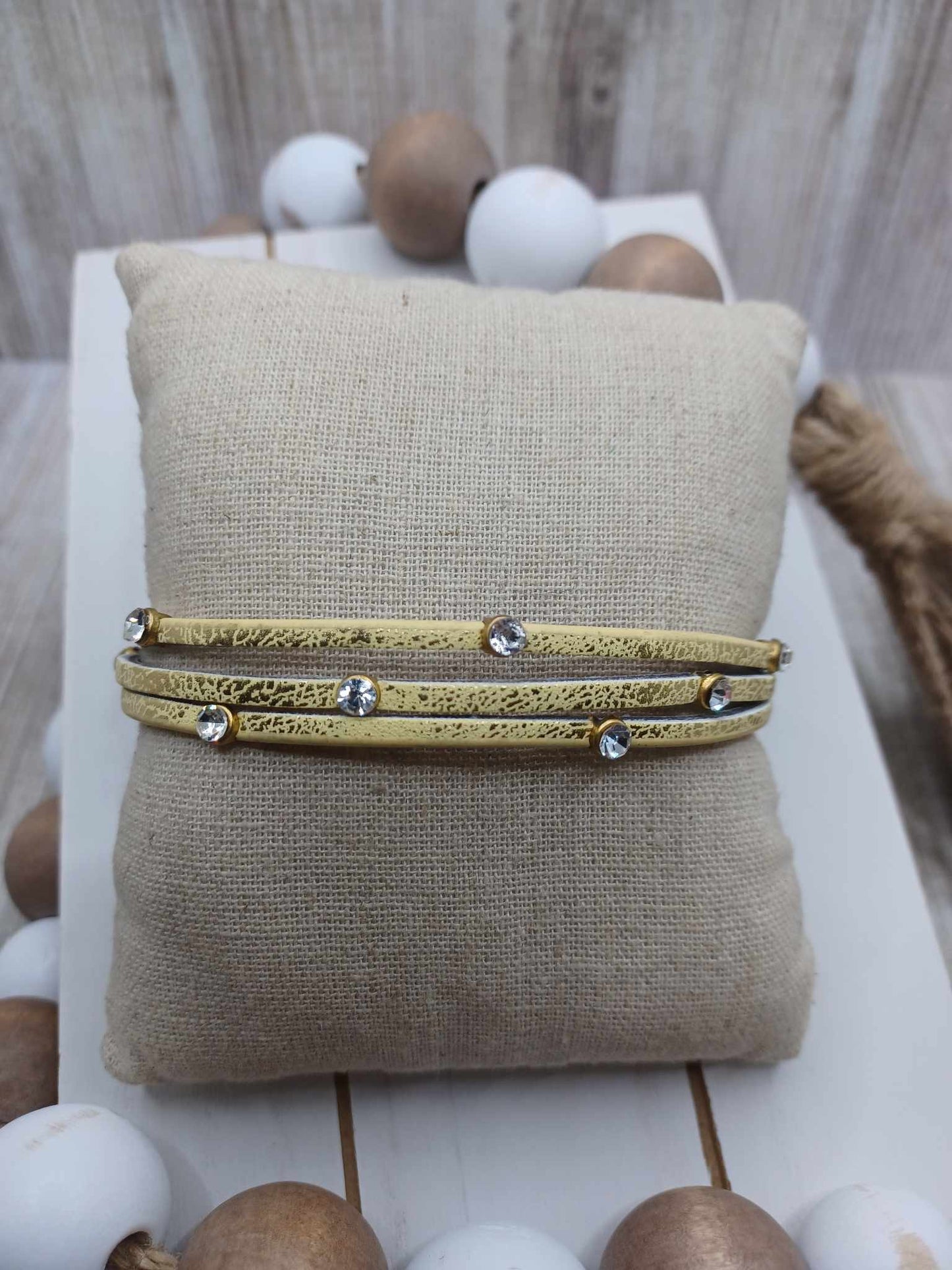 Yellow Leather Style Bracelet w/ Chrome Detail & Rhinestones