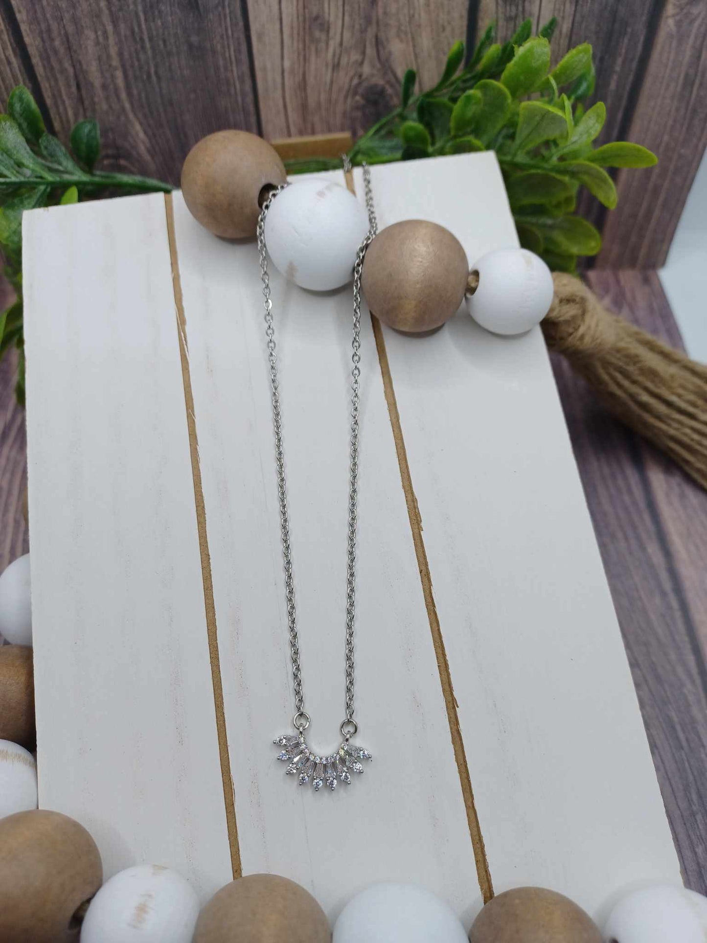 Silver Rounded Pendant w/ Rhinestones