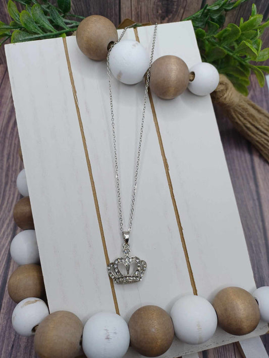 Silver Crown Necklace w/ Rhinestones