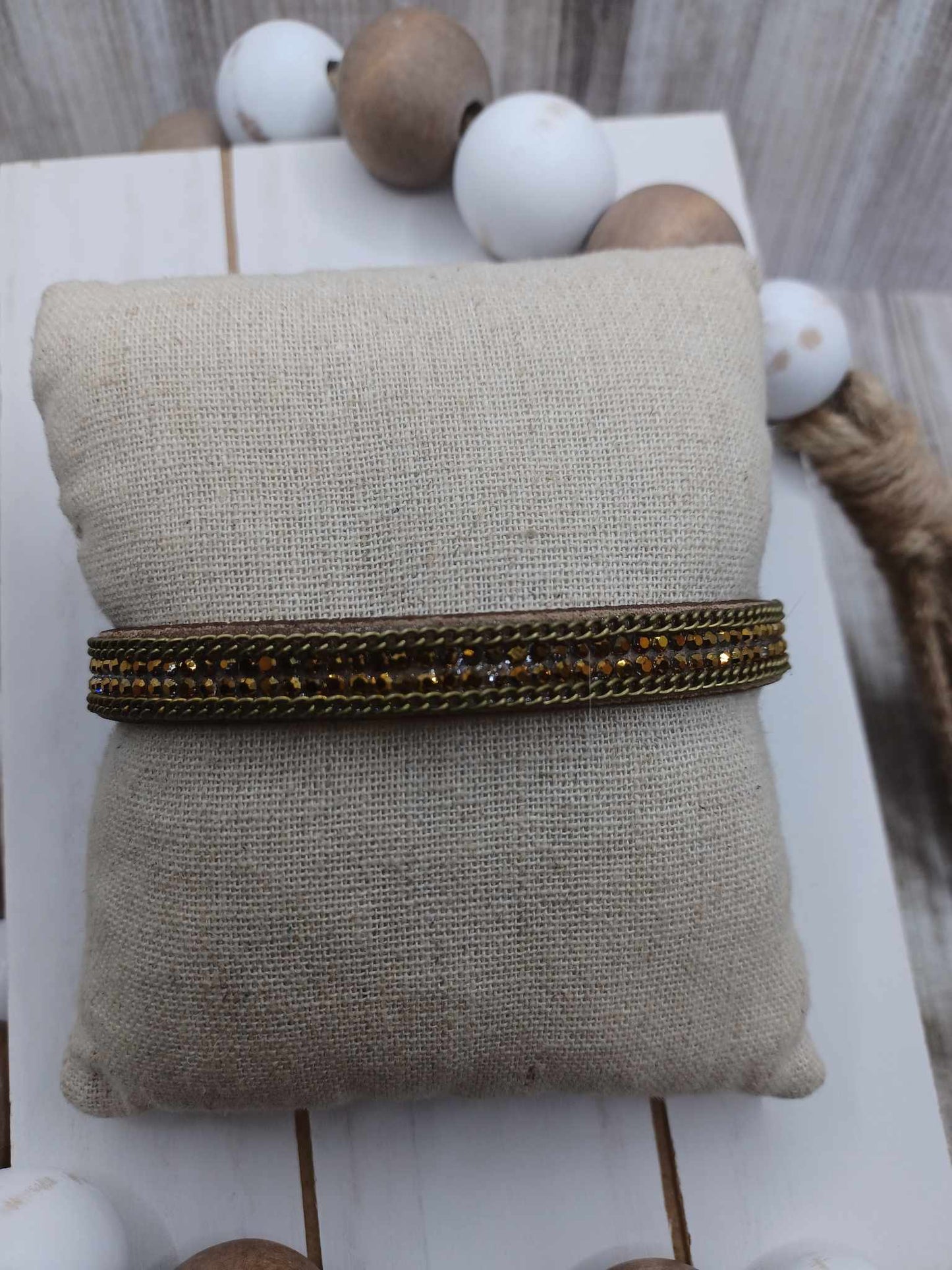 Brown Suede Style Bracelet w/ Brass Rhinestones