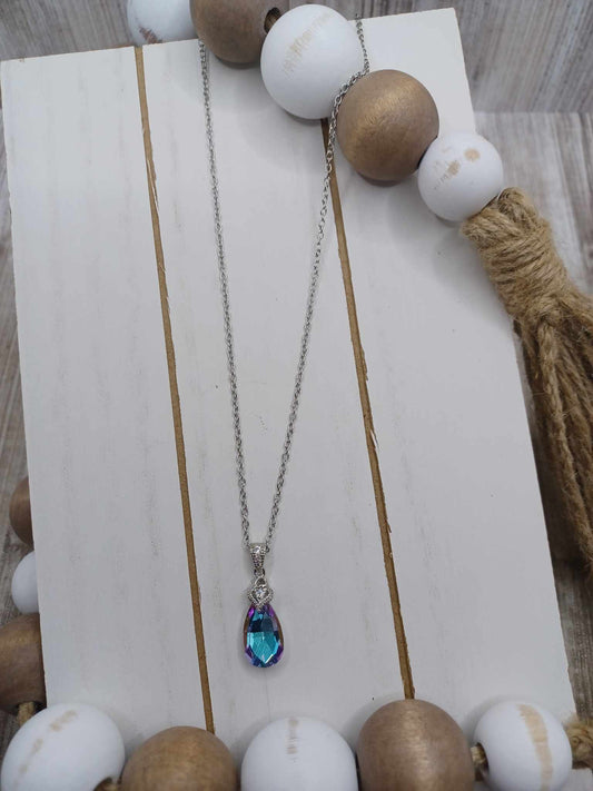 Silver Dainty Necklace w/ Blue & Purple Rhinestone Pendant