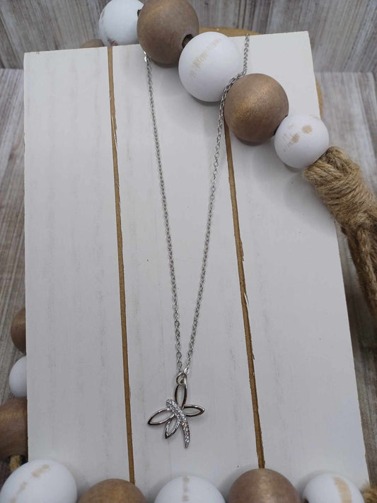 Silver Dragonfly Necklace w/ Rhinestones